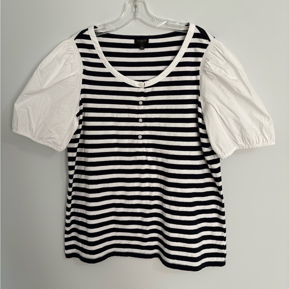 Talbots Black White Cotton Striped Short Puff Sleeve Scoop Neck Chic Blouse 1X - Picture 1 of 8